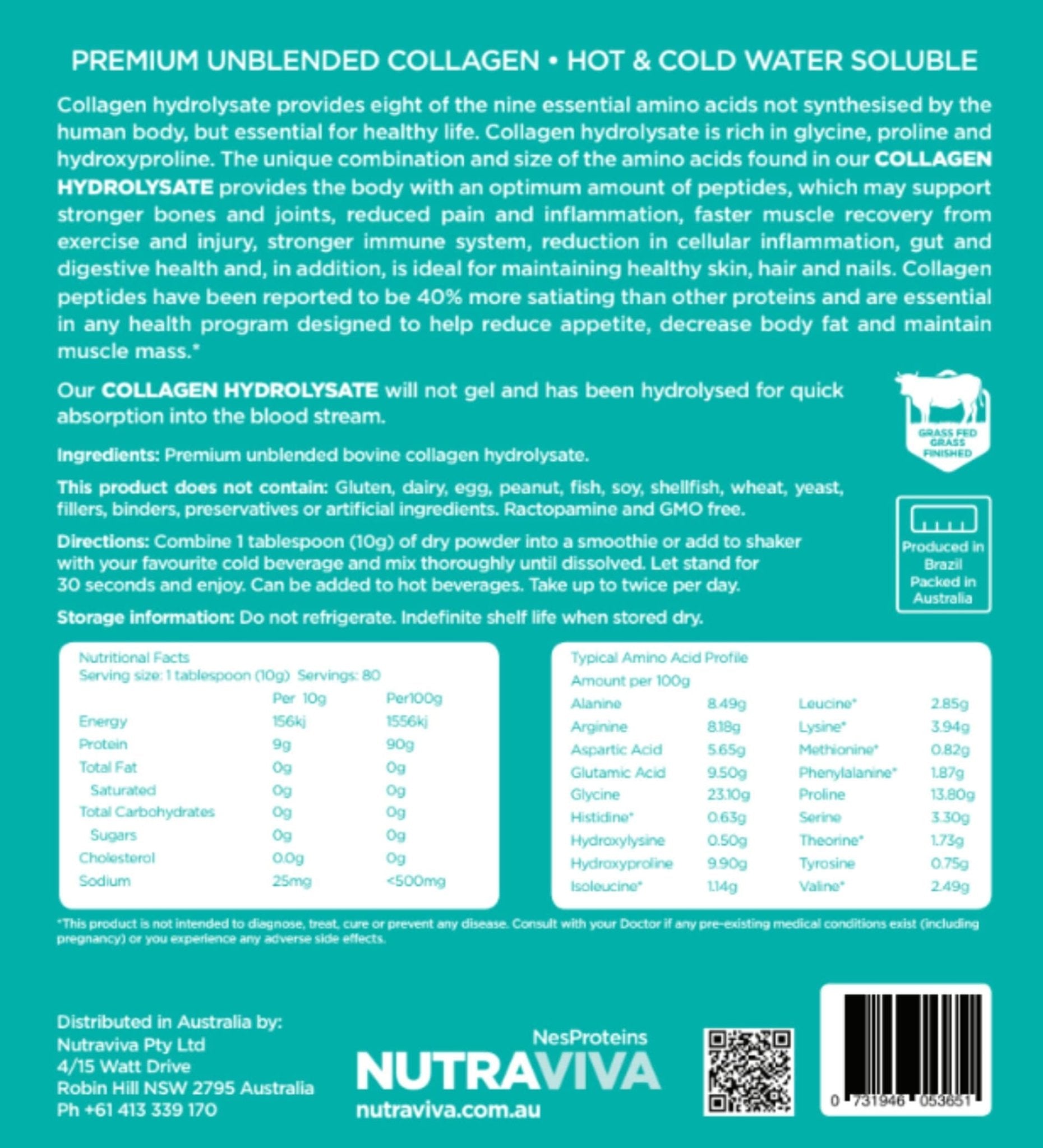 Nutraviva Nesproteins Grass Fed Collagen Hyrdolysate Unflavoured 800g - JING Organics