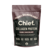 A resealable brown and black pouch labeled JING Organics Chief Collagen Protein Dark Chocolate 450g. Features: highly bioavailable, heavy metal tested, gluten free, bloat free, gut friendly, no added sugar.