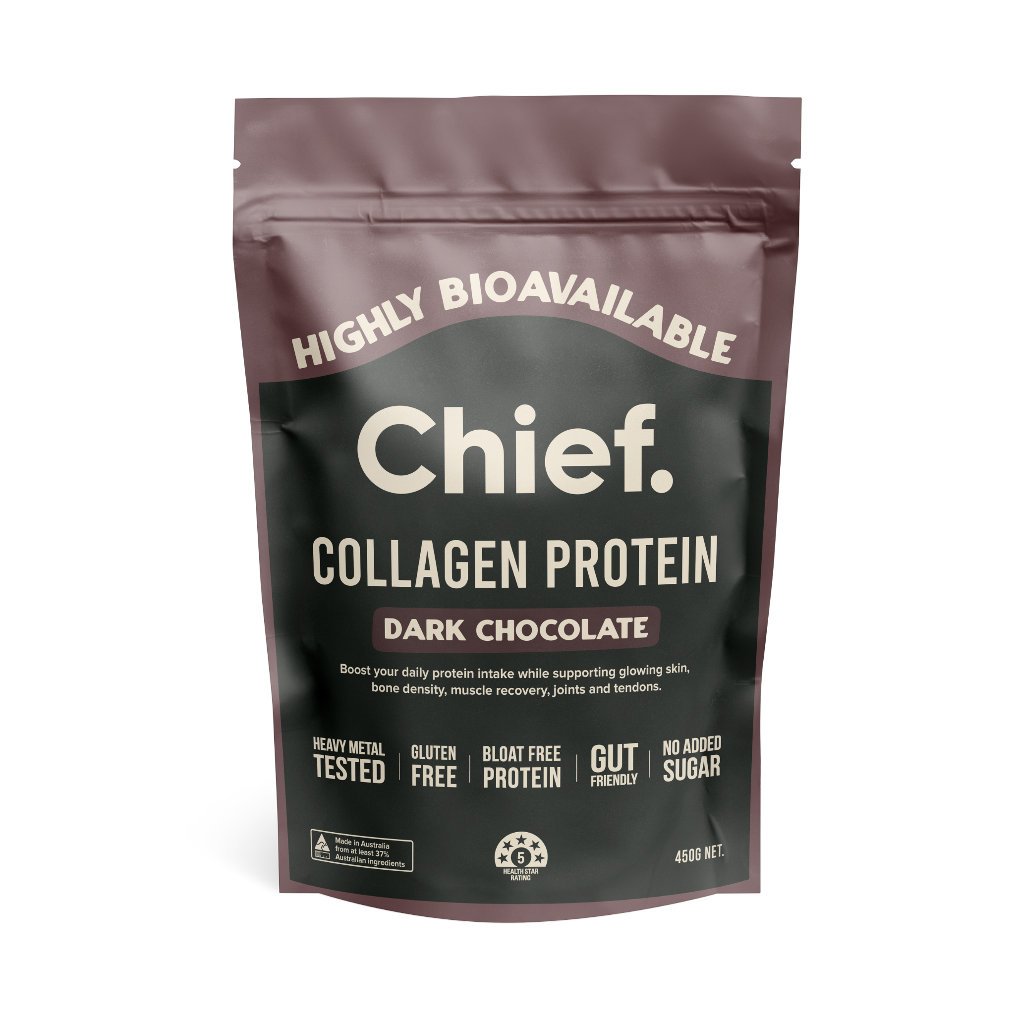 A resealable brown and black pouch labeled JING Organics Chief Collagen Protein Dark Chocolate 450g. Features: highly bioavailable, heavy metal tested, gluten free, bloat free, gut friendly, no added sugar.