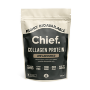 A resealable beige and black pouch labeled JING Organics Chief Collagen Protein Unflavoured 450g, featuring highly bioavailable, heavy metal tested, gluten free, zero sugar, gut friendly, and bloat free protein.