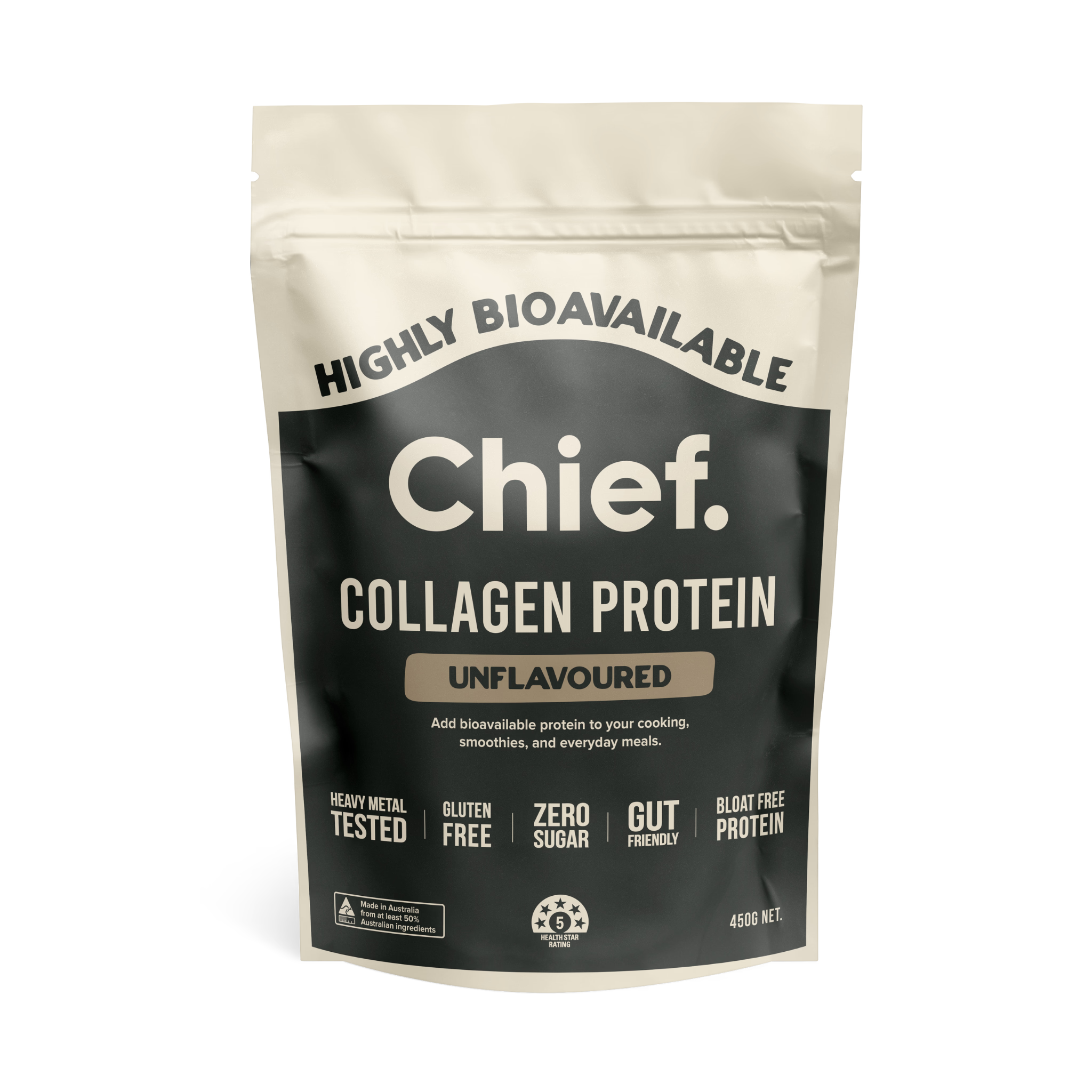 A resealable beige and black pouch labeled JING Organics Chief Collagen Protein Unflavoured 450g, featuring highly bioavailable, heavy metal tested, gluten free, zero sugar, gut friendly, and bloat free protein.