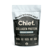 A white and black pouch labeled JING Organics Chief Collagen Protein Creamy Vanilla 450g highlights benefits like high bioavailability, heavy metal tested, gluten free, bloat free, gut friendly, and no added sugar.