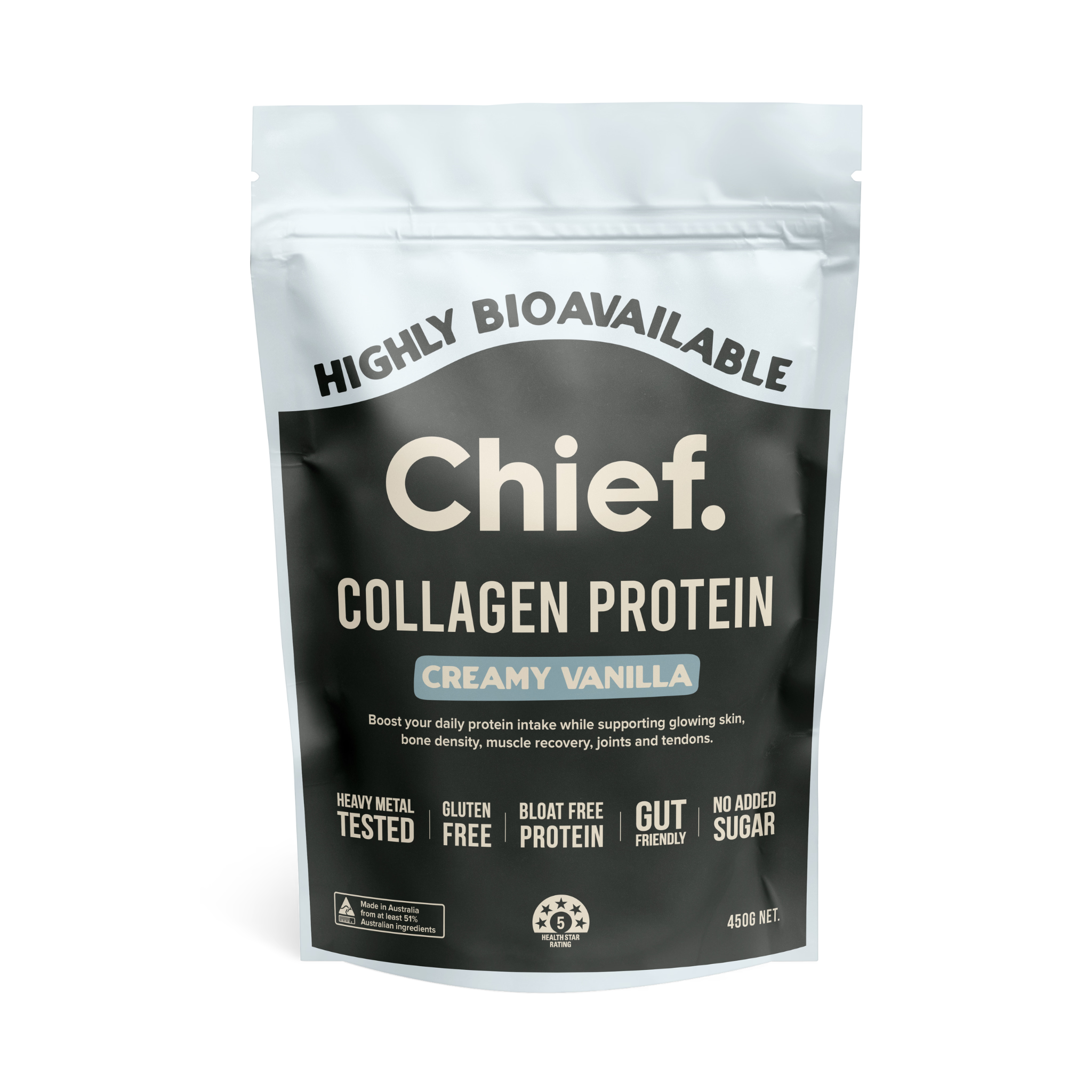 A white and black pouch labeled JING Organics Chief Collagen Protein Creamy Vanilla 450g highlights benefits like high bioavailability, heavy metal tested, gluten free, bloat free, gut friendly, and no added sugar.