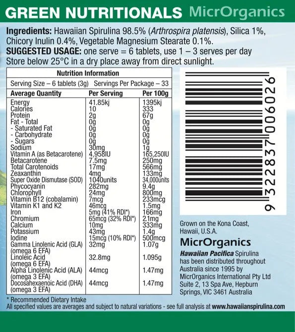 Green Nutritionals Hawaiian Pacifica Spirulina Tablets 200 tabs