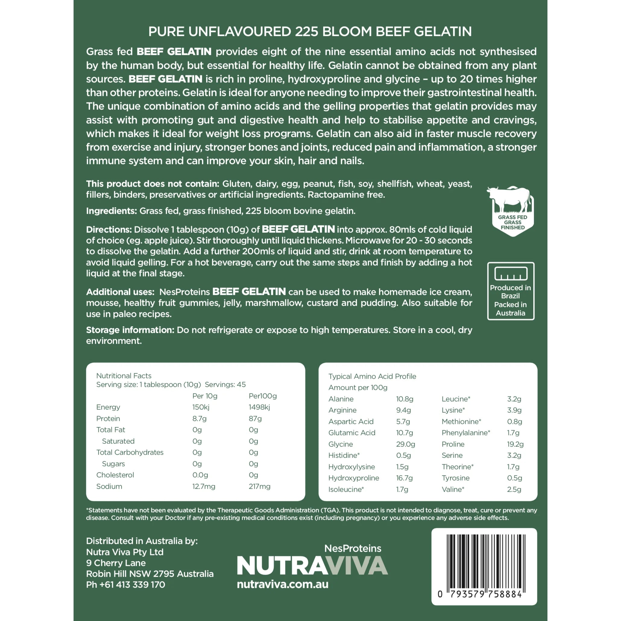 Nutraviva Nesproteins Grass Fed Beef Gelatin Unflavoured 450g