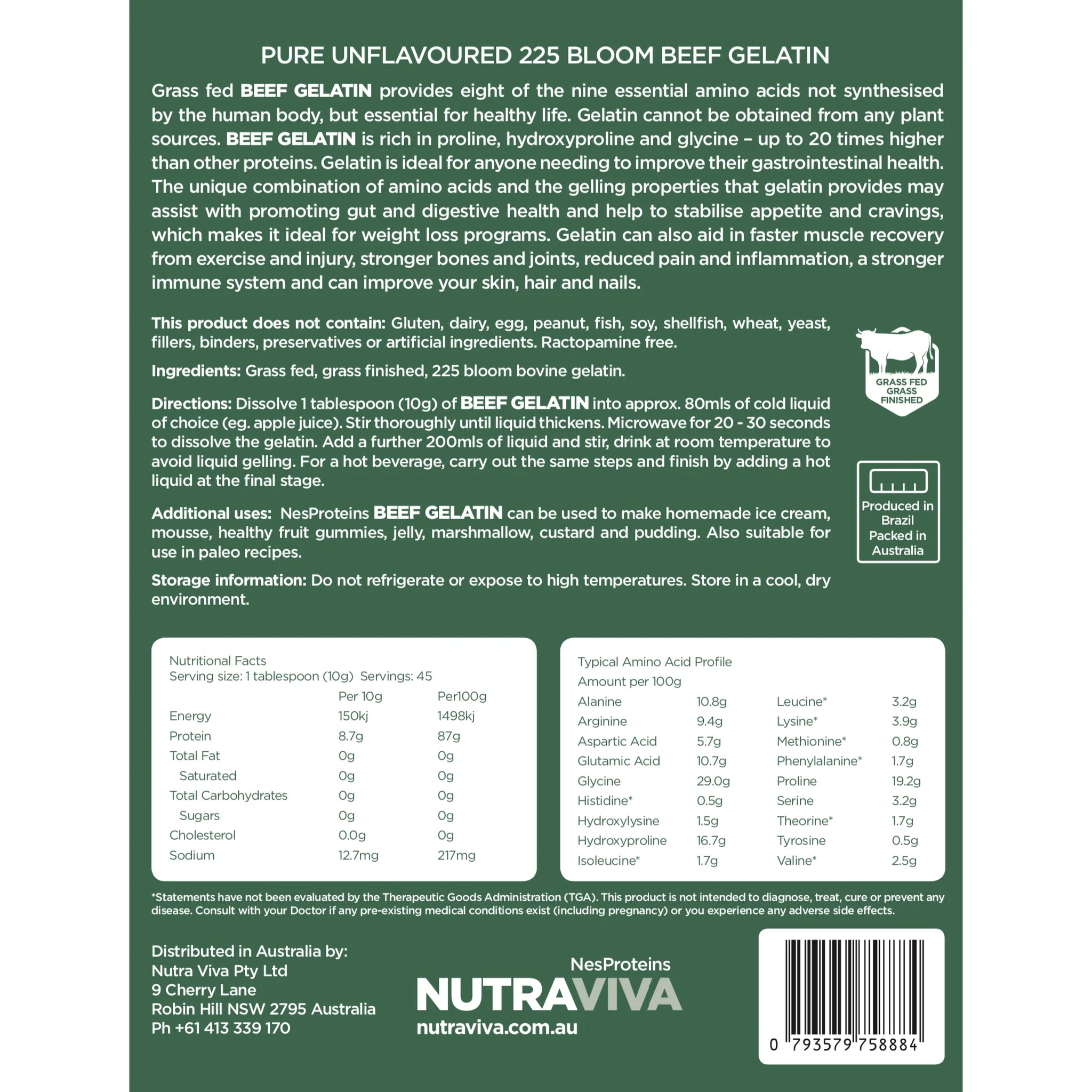 Nutraviva Nesproteins Grass Fed Beef Gelatin Unflavoured 450g