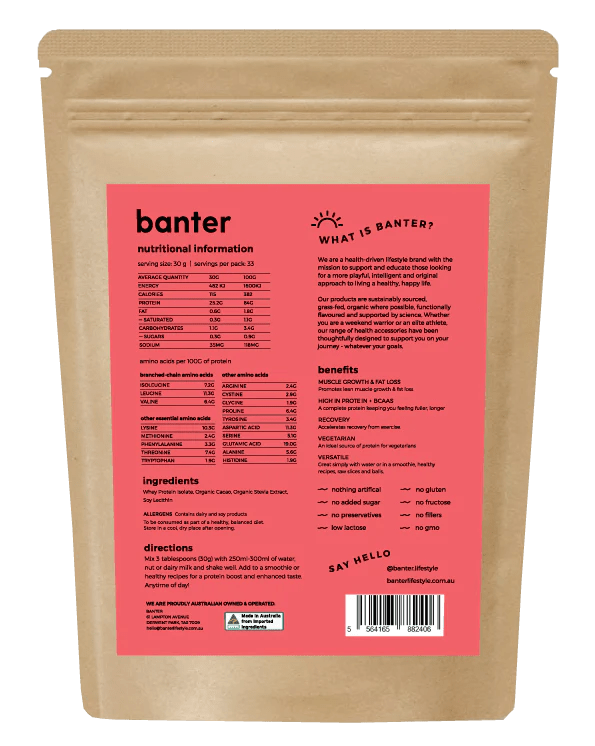 Banter Organic Cacao Whey Protein Isolate 1kg - JING Organics