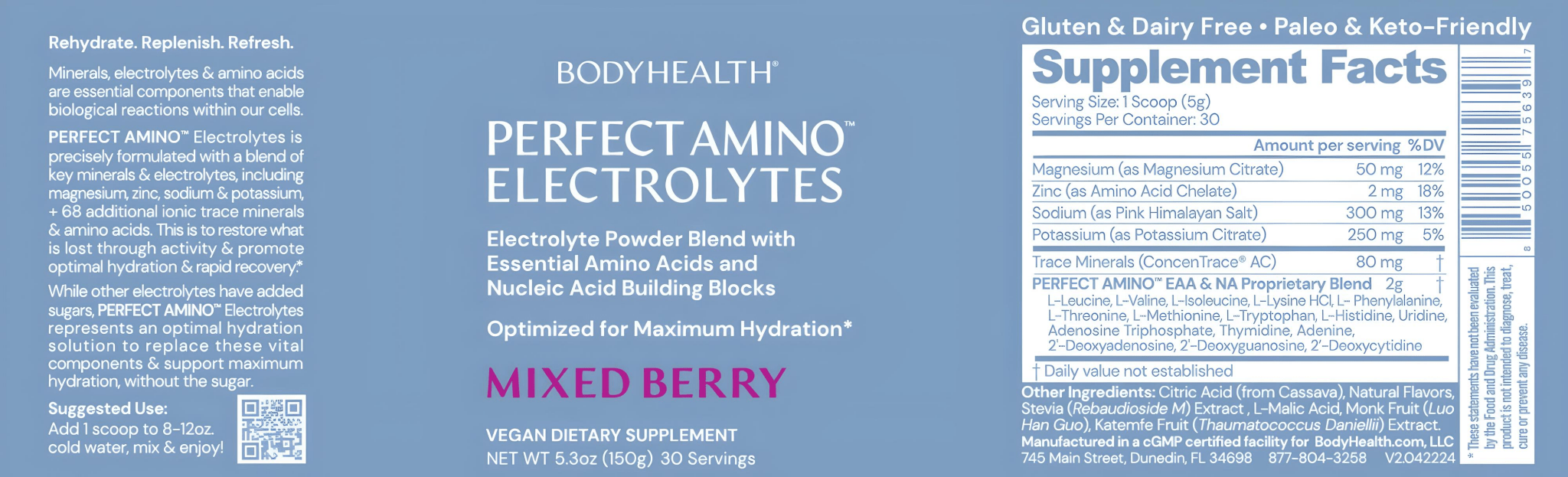 Body Health Perfect Amino Electrolytes Mixed Berry 60 Servings - JING Organics