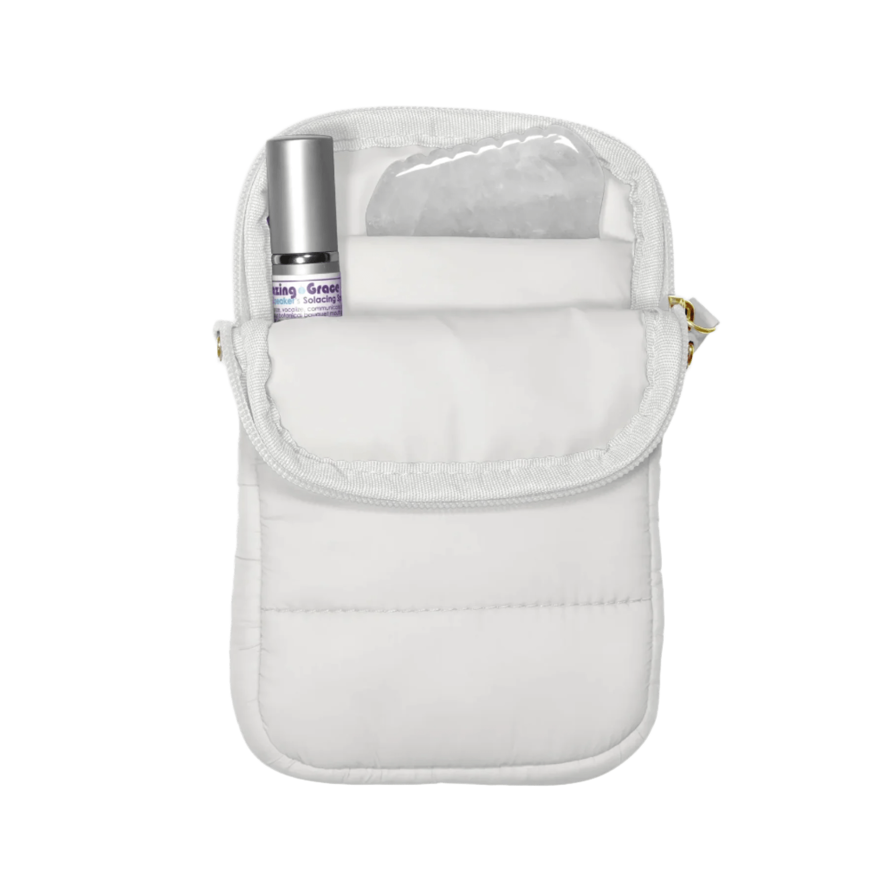 Living Libations Super Sling Puffer Traveller with EMF Shield in Wisteria White - JING Organics