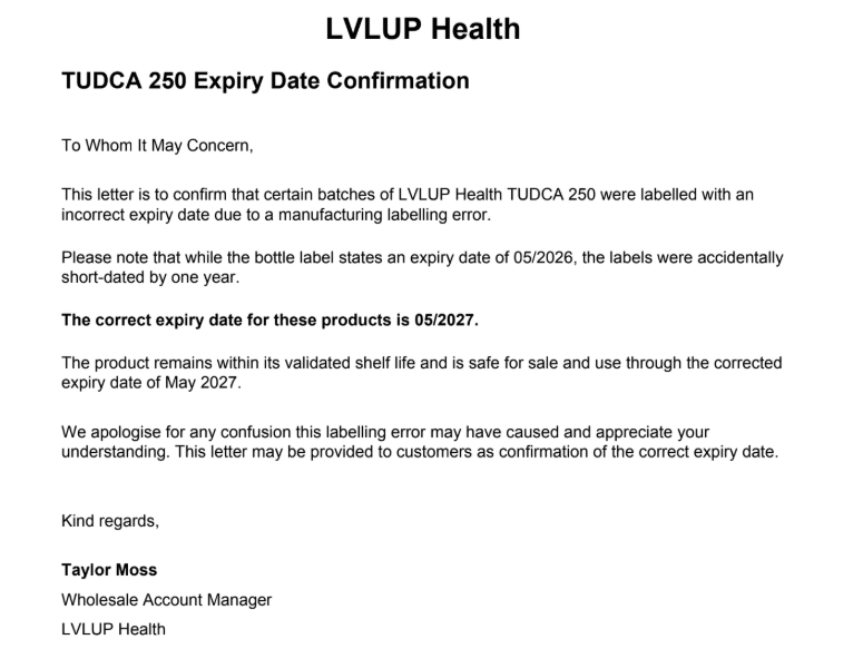 LVLUP Health TUDCA 250mg 60 Capsules - Incorrect Date - JING
