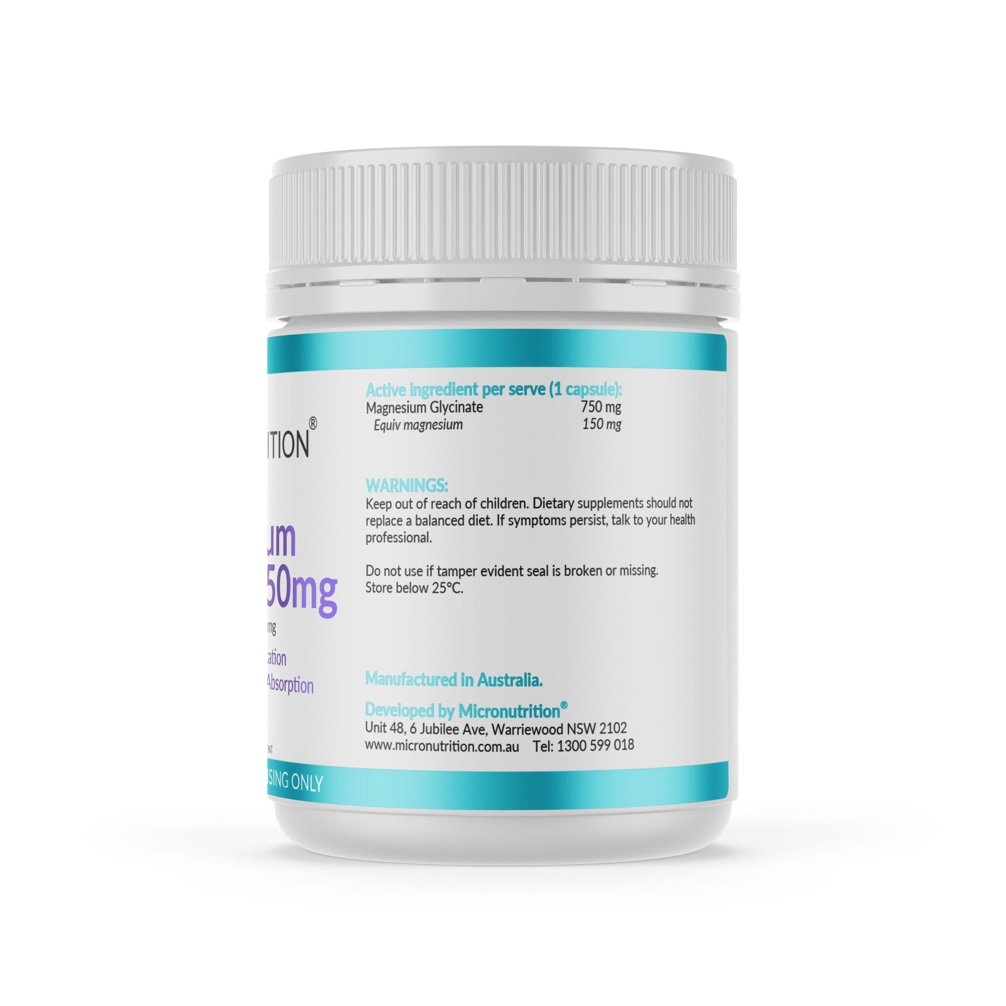 Micronutrition Magnesium Glycinate 750mg 120 Capsules - JING Organics