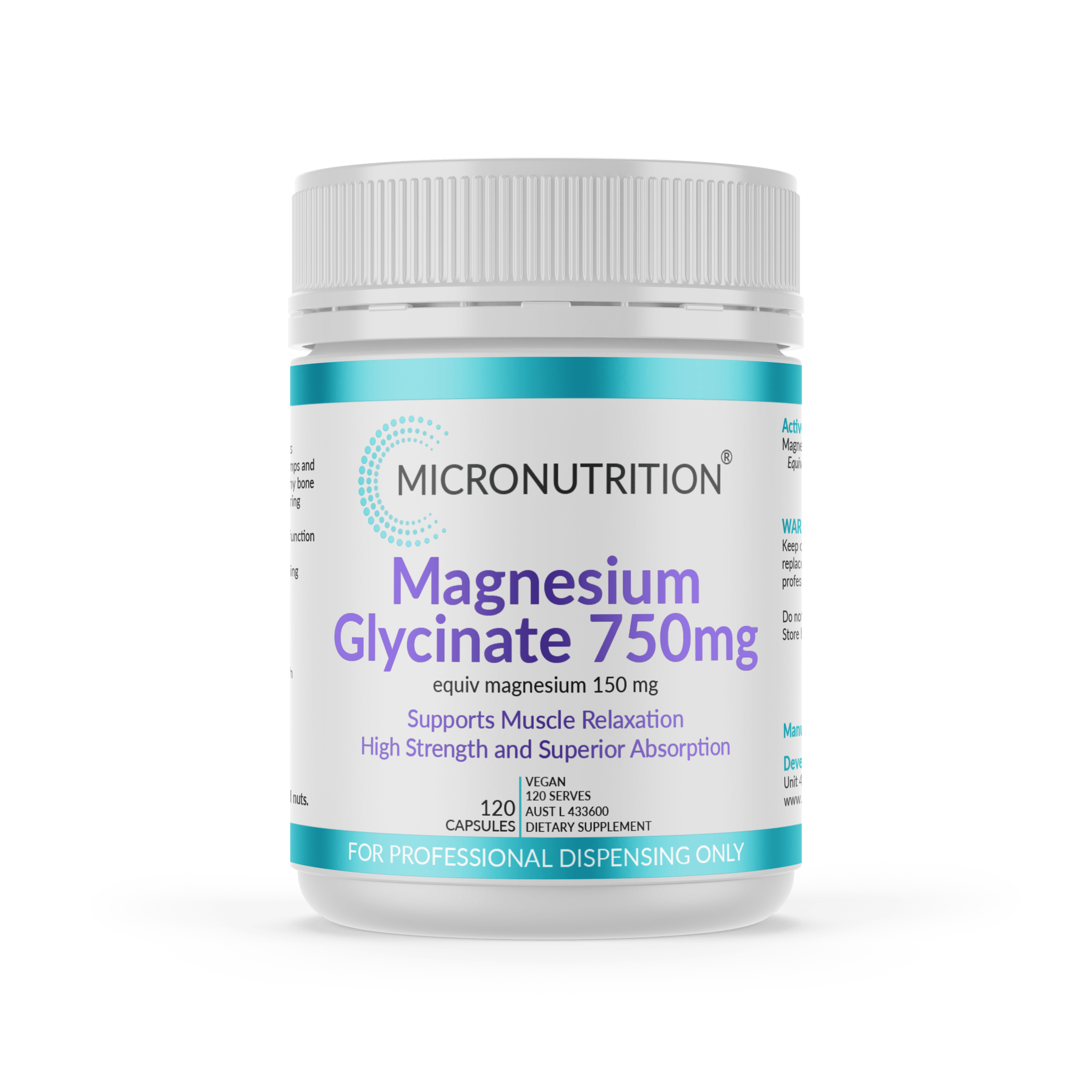 Micronutrition Magnesium Glycinate 750mg 120 Capsules - JING Organics