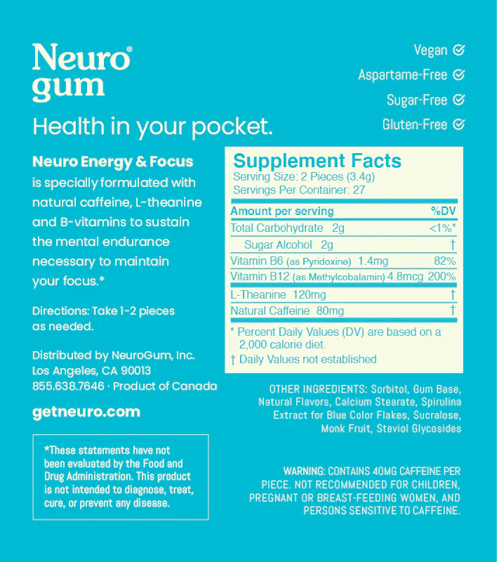 Neuro Energy & Focus Gum Peppermint 9 Pieces - JING Organics