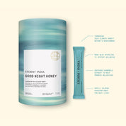 A cylindrical container and single-serve stick pack of JING Organics Storm + India Good Night Honey, featuring blue-green packaging with highlighted Tasmanian honey and blue spirulina ingredients for relaxation and wellbeing.