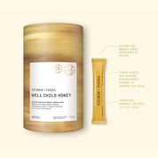A container and single stick pack of JING Organics Storm + India Well Child Honey are shown, with labels highlighting Australian Manuka honey, New Zealand blackcurrant, and superfood acerola as key ingredients.