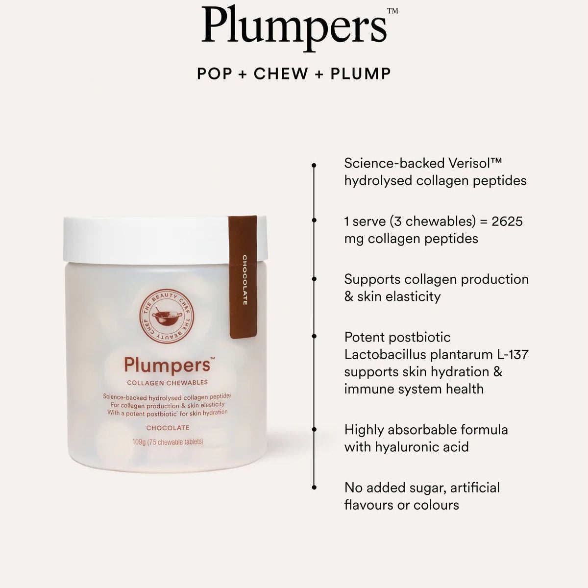 The Beauty Chef Plumpers Collagen Chewables Chocolate 75 Chewables - JING