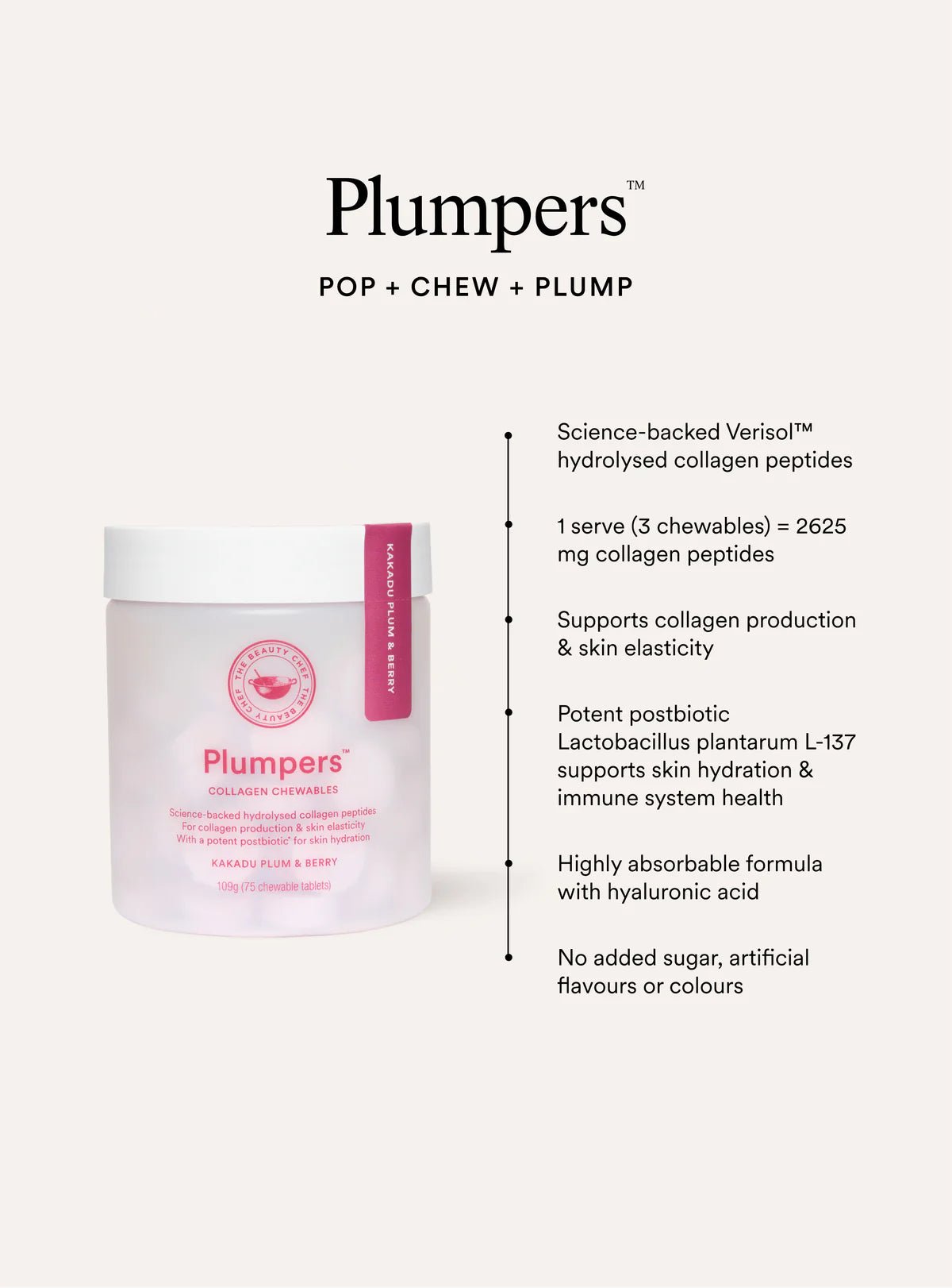 The Beauty Chef Plumpers Collagen Chewables Kakadu Plum & Berry 75 Chewables - JING